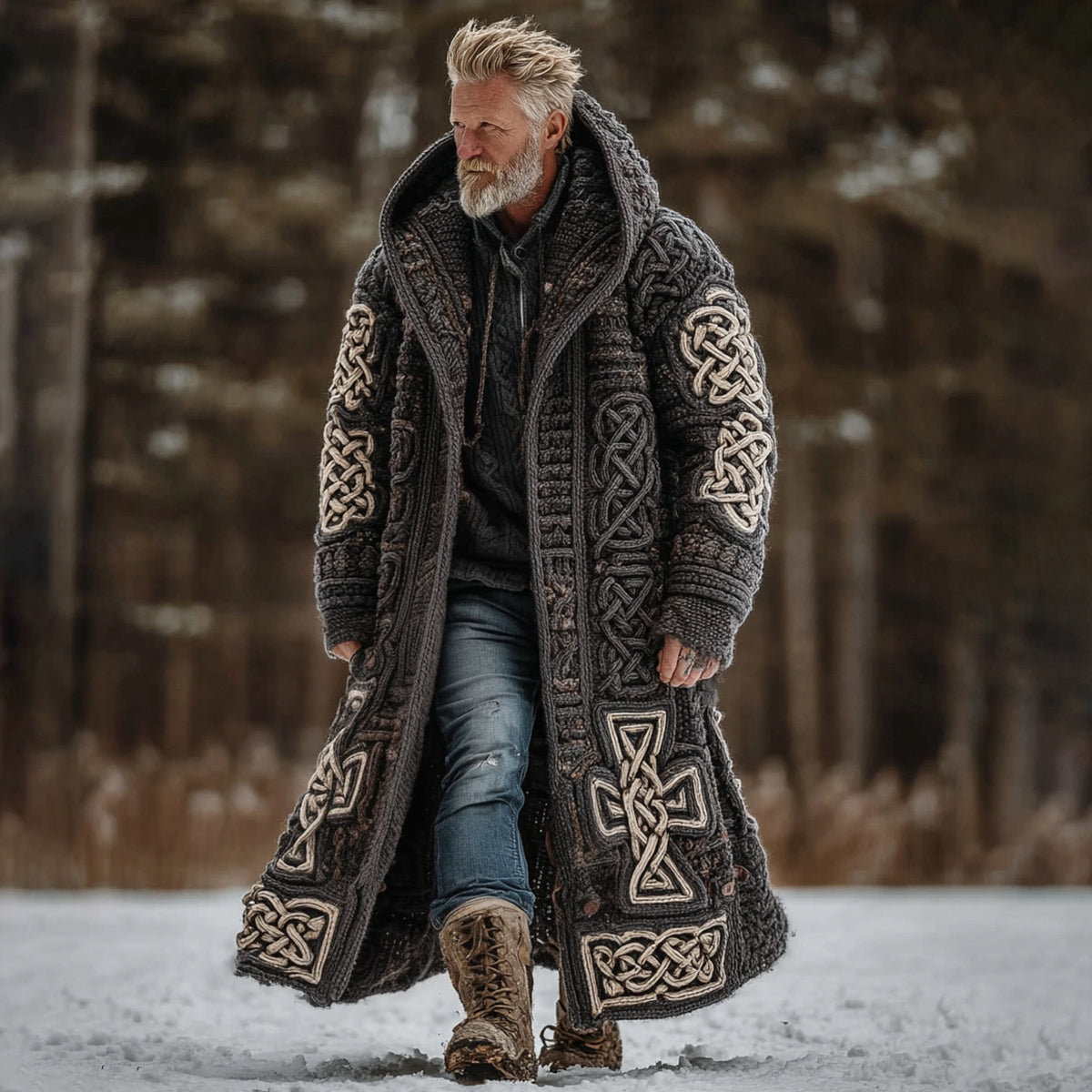 Men's Vintage Viking Celtic Knot Art Pocket Mid-length Hooded Cardigan Sweater artswardrobe