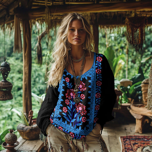 Vintage Ethnic Floral Linen Long Sleeve Shirt artswardrobe