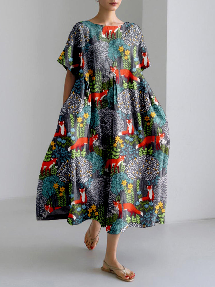 Fox in the Forest Art Linen Blend Flowy Maxi Dress artswardrobe