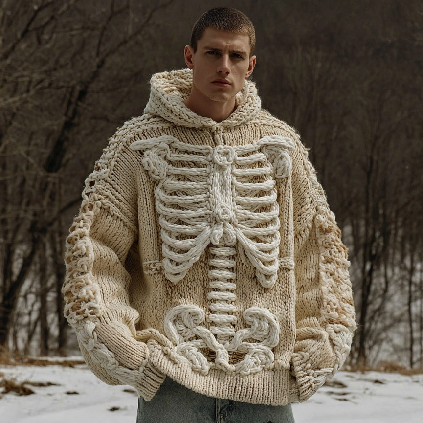 Men's  Halloween Skeleton Crochet Cozy Hooded Sweater artswardrobe