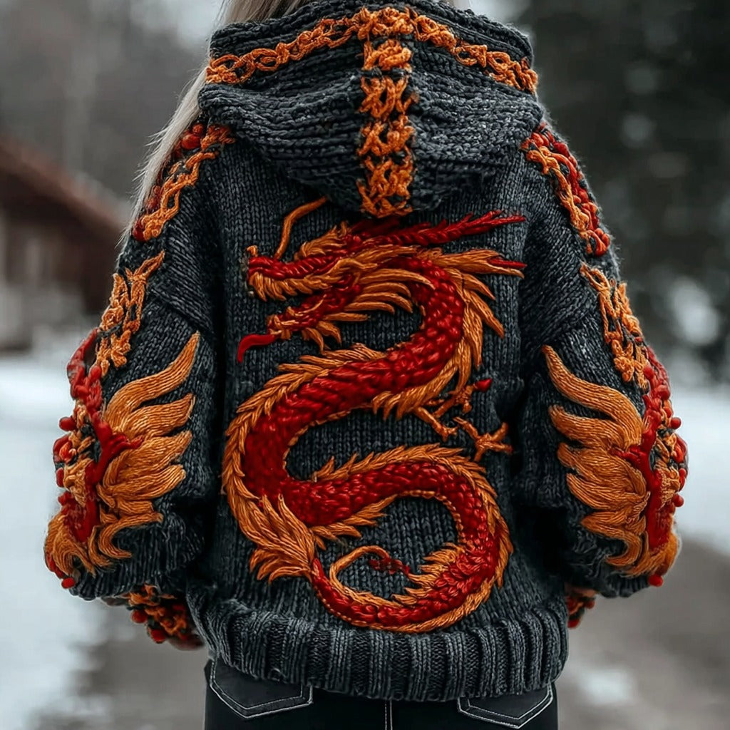 Women's Vintage Viking Celtic Dragon Chunky Hooded Sweater artswardrobe