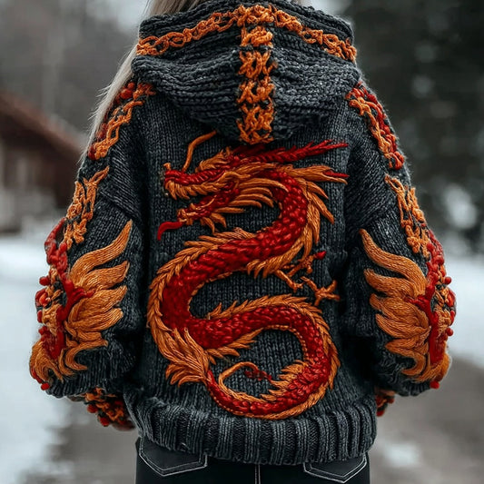 Women's Vintage Viking Celtic Dragon Chunky Hooded Sweater artswardrobe