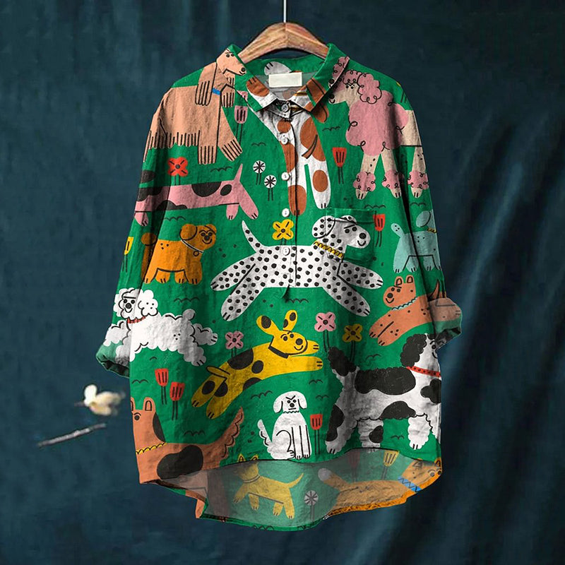 Comstylish Farm Dog Print Long Sleeve Loose Shirt