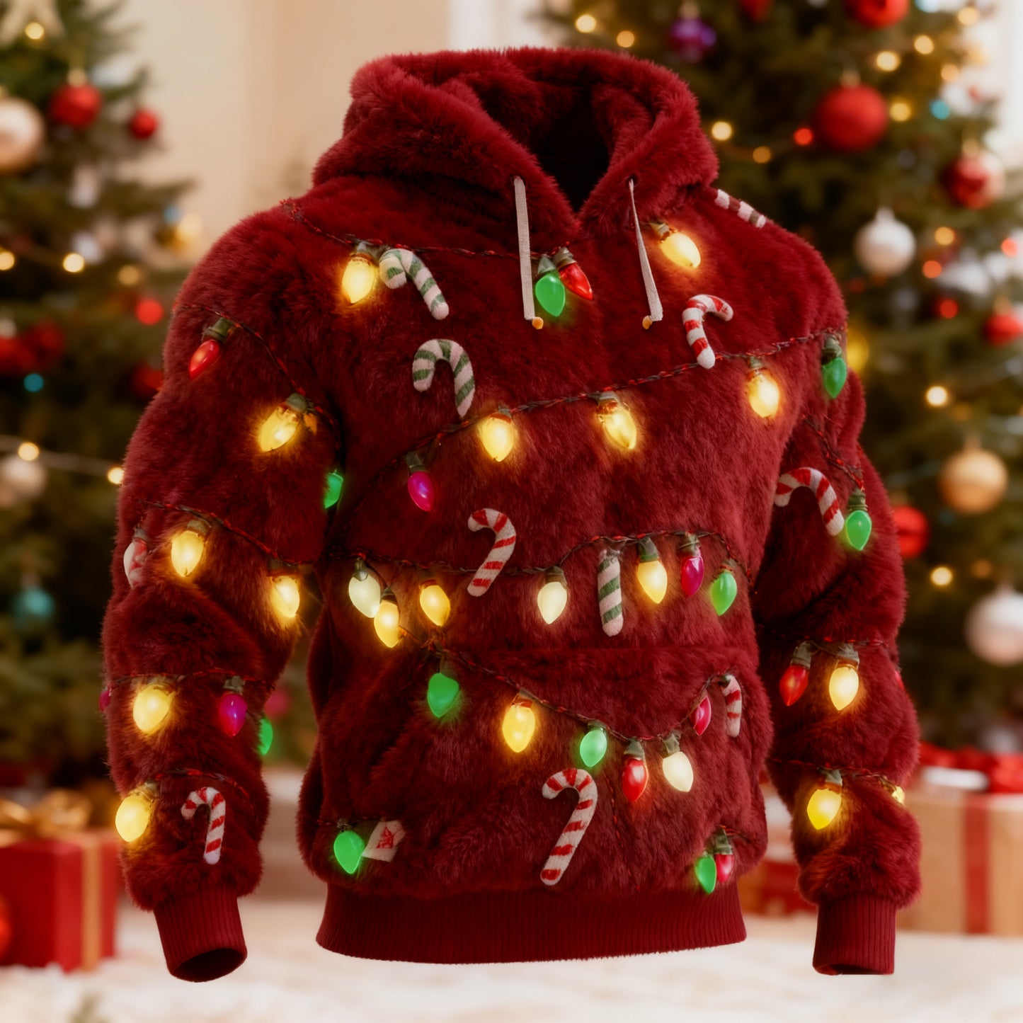 Comstylish Men's Ugly Christmas Lights Pattern Flannel Hoodie