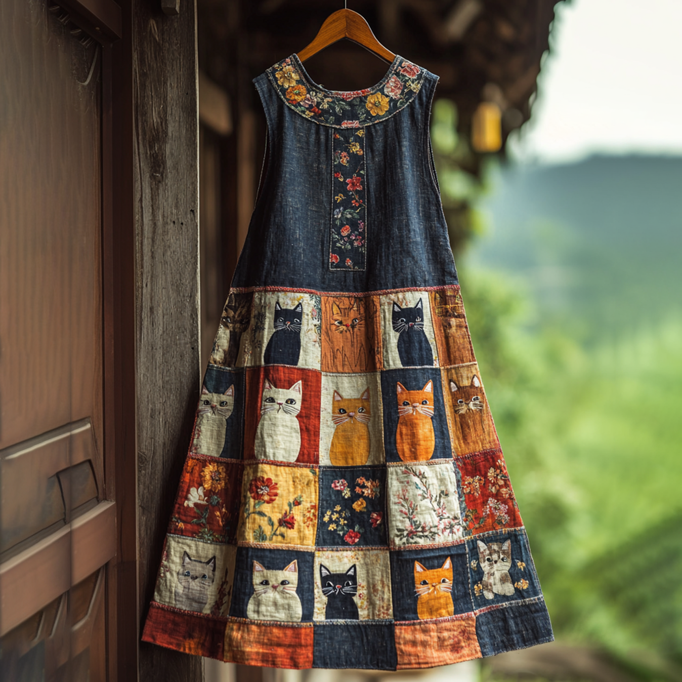 Comstylish Casual Pop Cat Denim Patchwork Dress