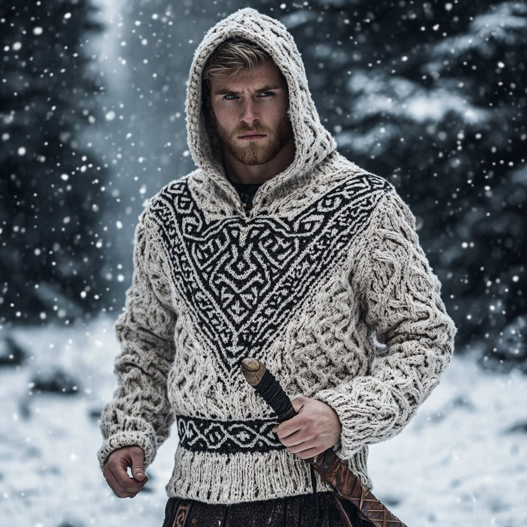 Men's Viking Tribal Jacquard Celtic Inspired Chunky Knit Hooded Sweater elevenforest