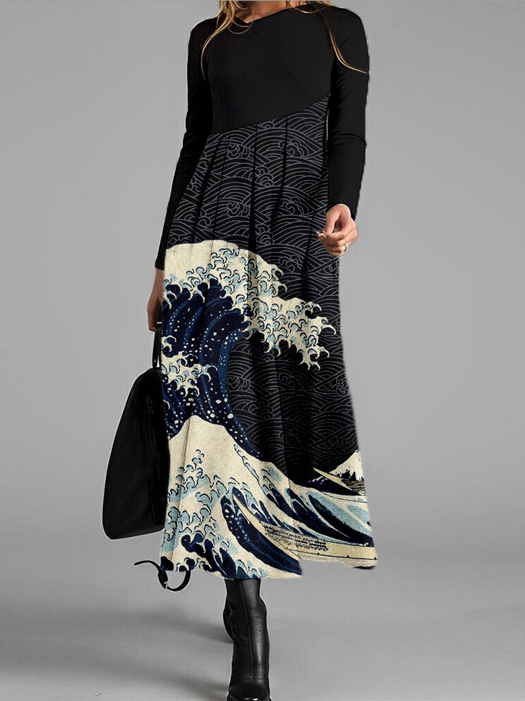 Japanese Wave Inspired Contrast Pleated Maxi Dress