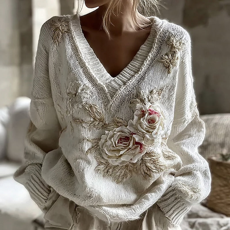 Women's Vintage Rose Knitted Pattern Warm V-neck Sweater artswardrobe