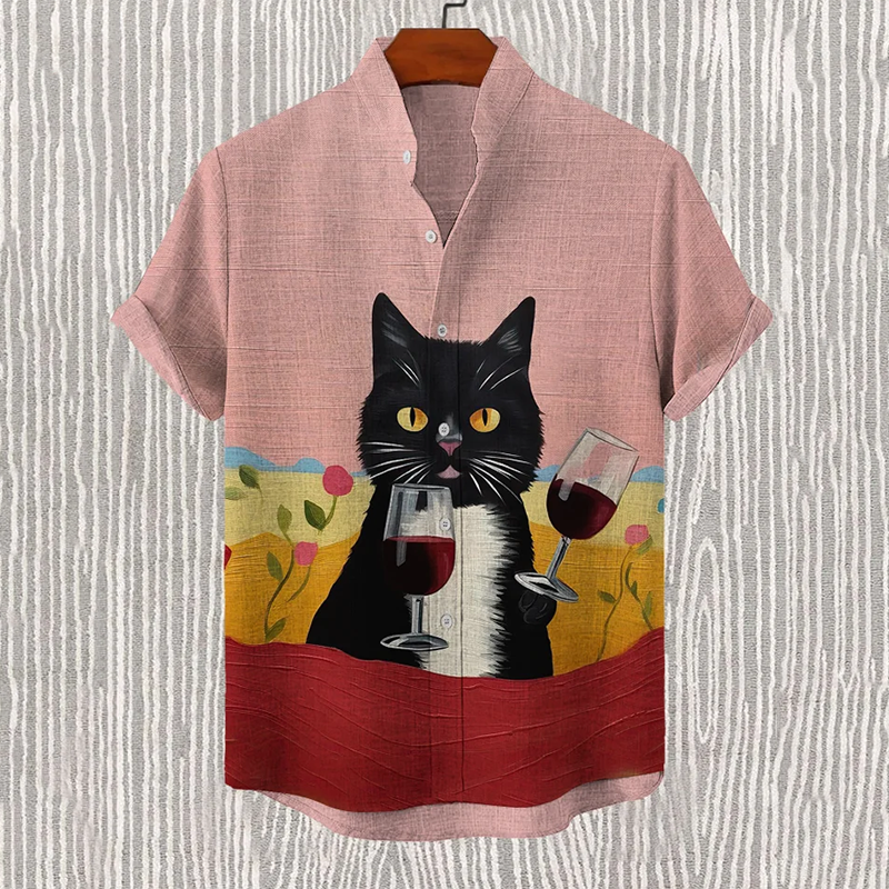 Retro Black Cat With Red Wine Art Print Linen Blend Casual Shirt elevenforest