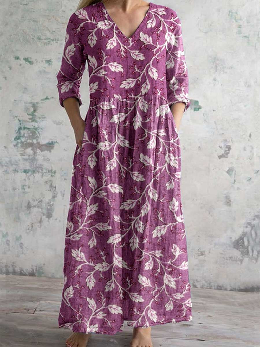 Women's Elegant Simple Decorative Floral Pattern Cotton And Linen Dres