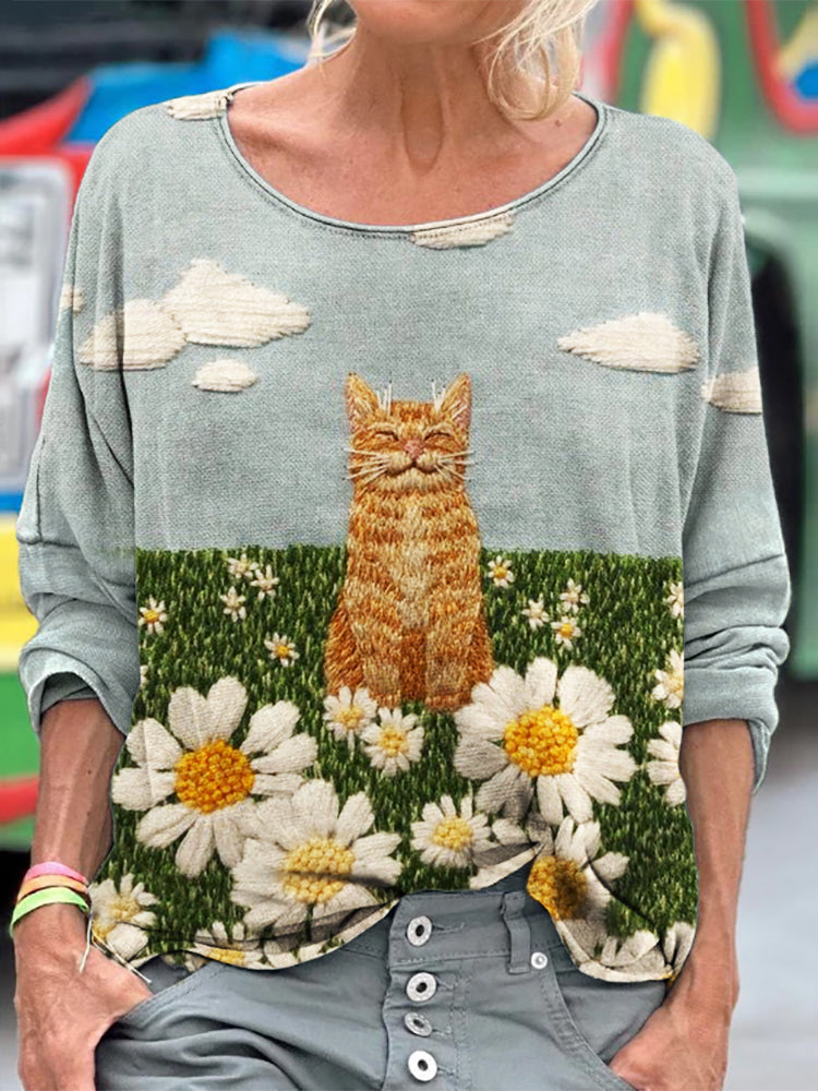 Purring Cat & Daisies Field Embroidered Art T Shirt