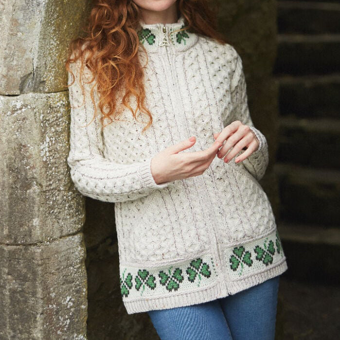 Irish Shamrock Zip-Up Aran Sweater elevenforest