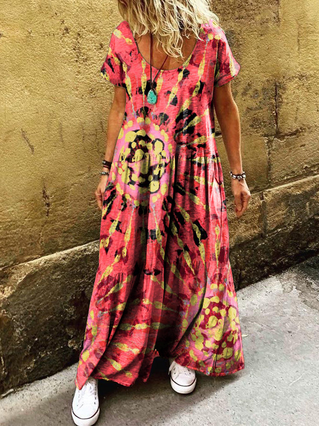 Women's Tie-Dye Art Print Pocket Short Sleeve Cotton Dress