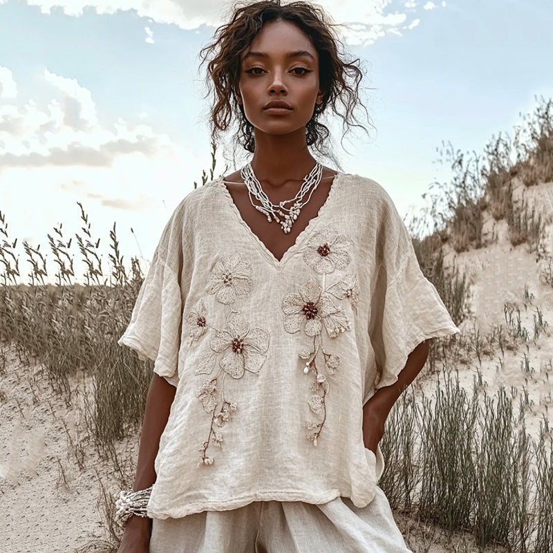 Vintage Floral Embroidered Art Cotton Linen Comfy Shirt artswardrobe