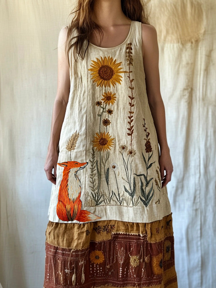 Farm Fox & Floral Embroidery Women's Linen Vest Dress artswardrobe
