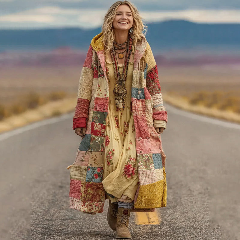 Women's Vintage Patchwork Floral Art Cozy Knit Hooded Long Cardigan artswardrobe