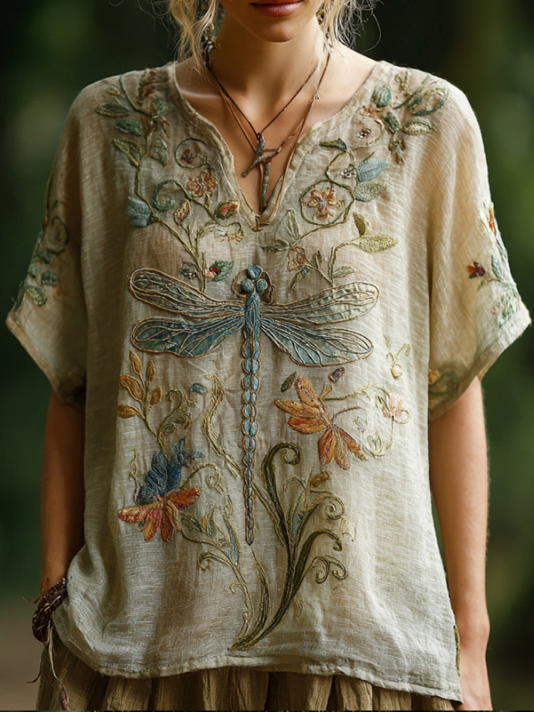 Comstylish Vintage Cotton And Linen Dragonfly And Vine Pattern Worn-out V-neck Short-sleeved T-shirt