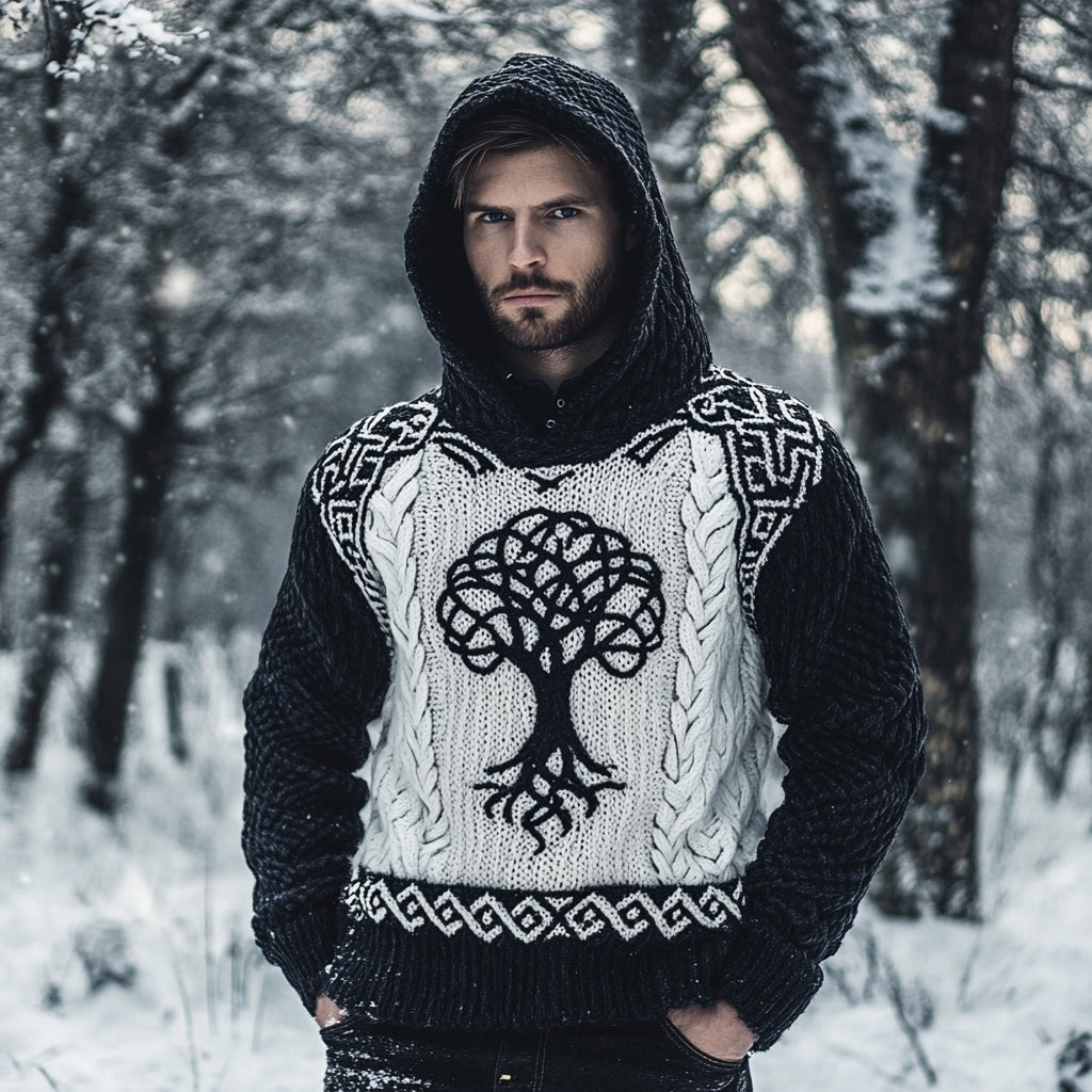 Men's Viking Celtic Tree Of Life Jacquard Hooded Sweater artswardrobe