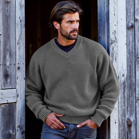 Men's Retro Solid Color V-Neck Sweater artswardrobe