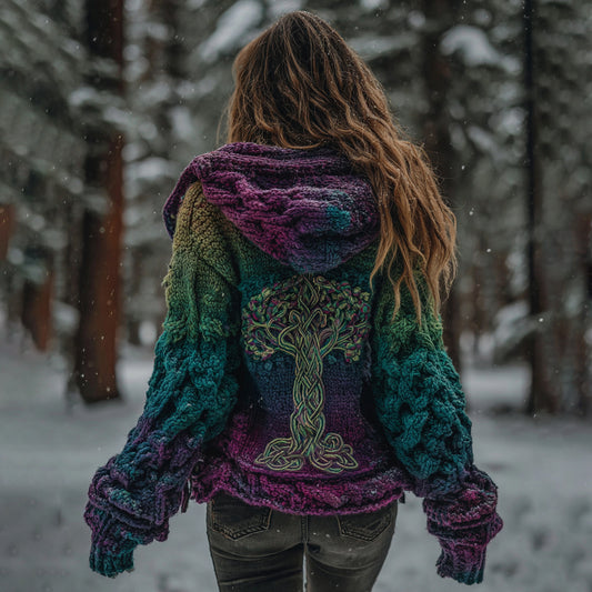 Women's Vintage Viking Tree Of Life Gradient Knit Zip-up Hooded Sweater artswardrobe