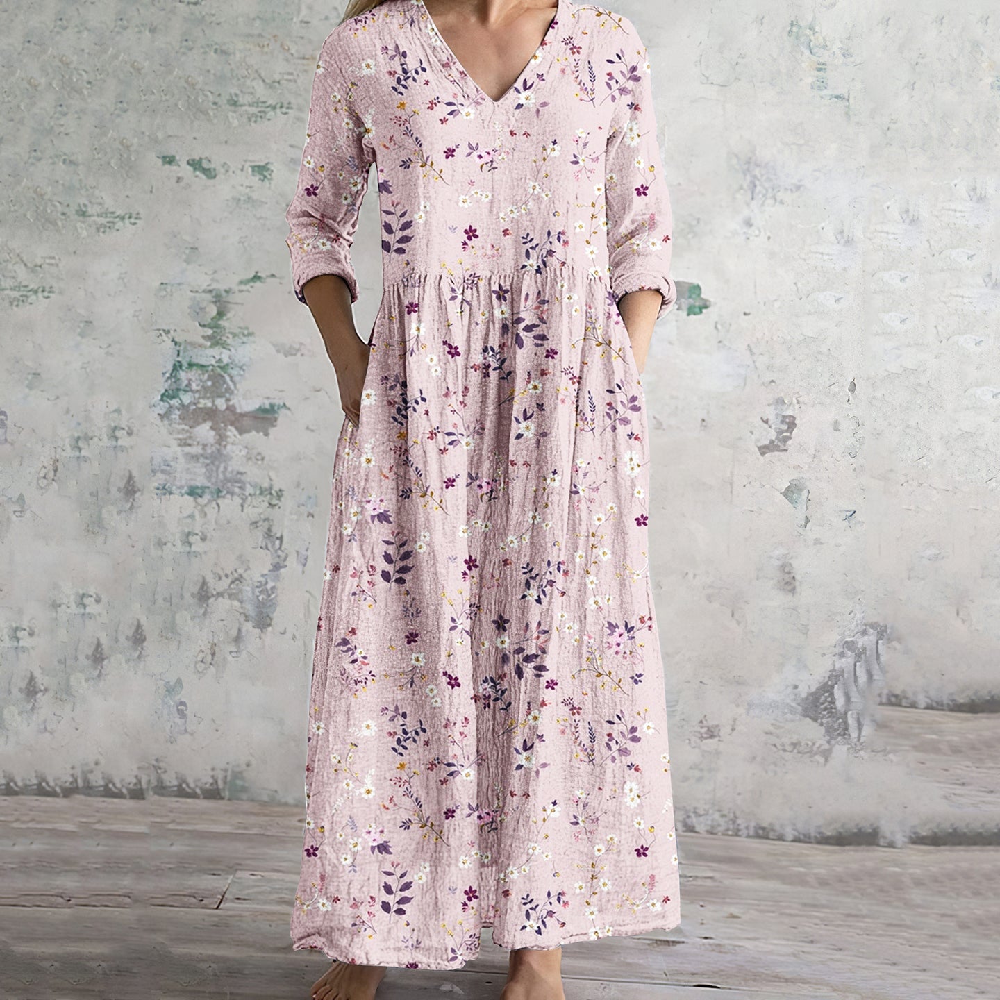 Vintage Wildflowers Floral Art V Neck Linen Blend Maxi Dress artswardrobe