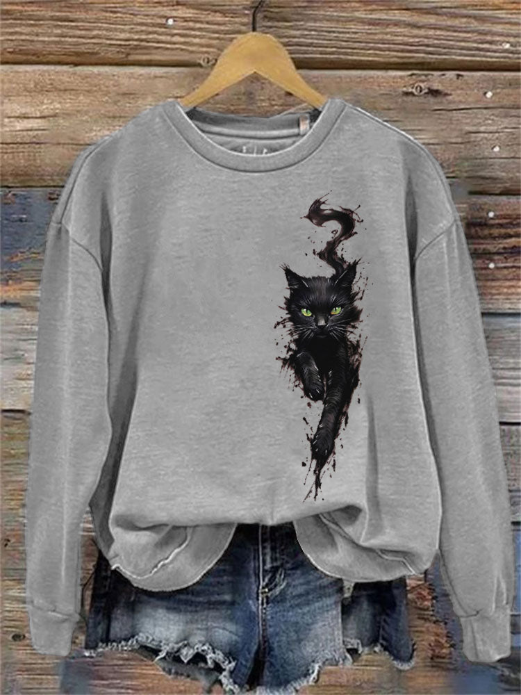 Comstylish Women's Casual Funny Black Cat Print Sweatshirt