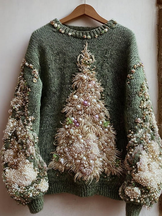 Vintage Pearl Christmas Tree Embroidered Green Vintage Round Neck Sweater artswardrobe