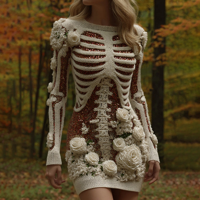 Women's Rose Skeleton Art Round Neck Knit Mini Sweater Dress artswardrobe