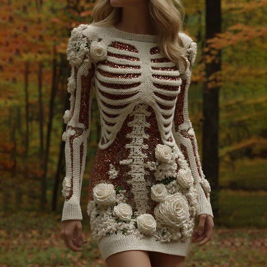 Women's Rose Skeleton Art Round Neck Knit Mini Sweater Dress artswardrobe
