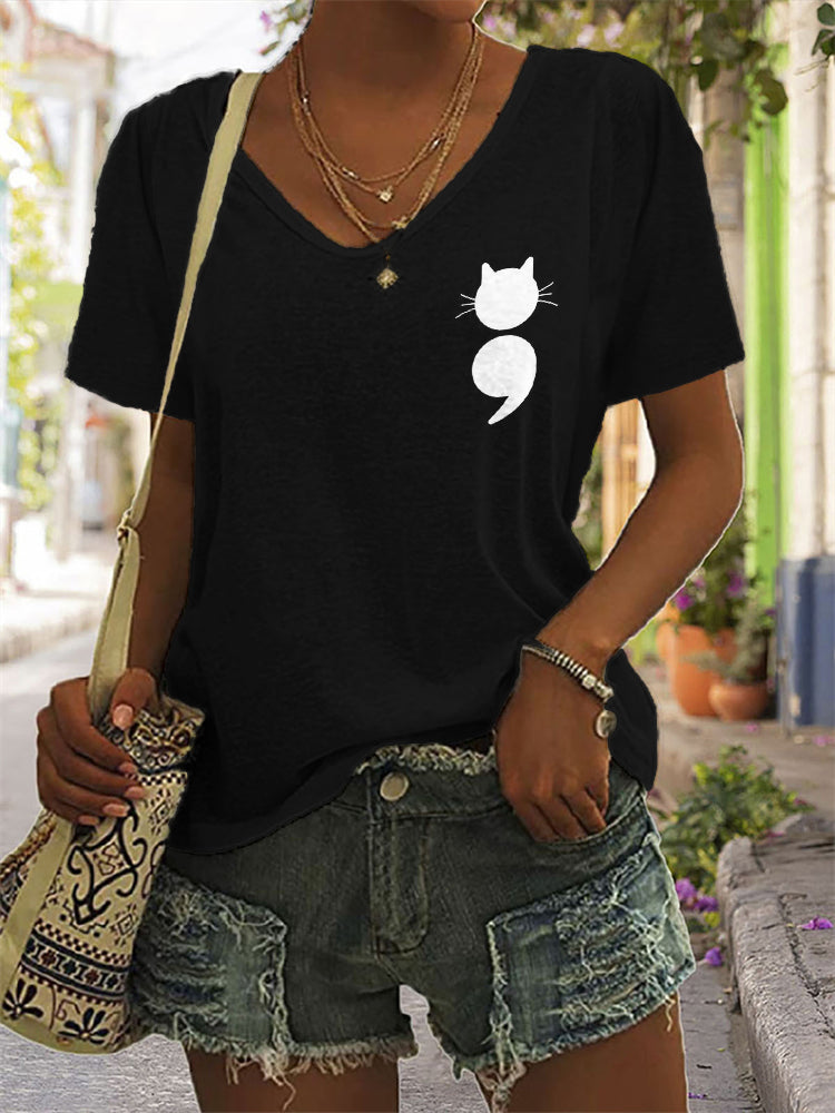Cat Semicolon Mental Health Awareness V Neck T Shirt elevenforest