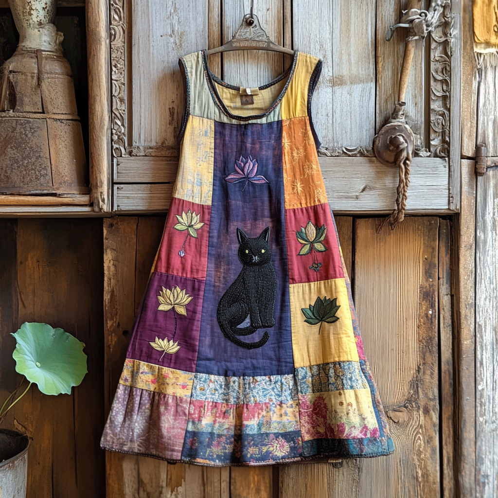 Women's Retro Cat And Lotus Pattern Sleeveless Dress elevenforest