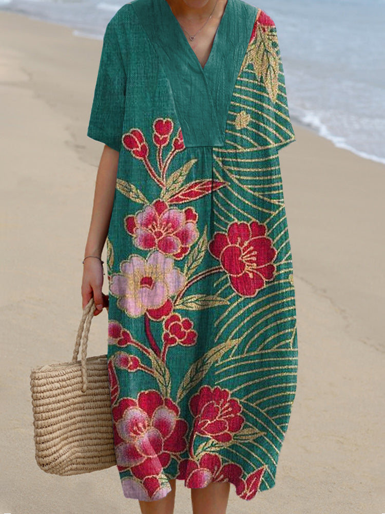 Japanese Traditional Floral Art Print Linen Blend Dress