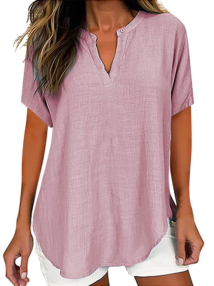 Comstylish Solid Color V Neck Short Sleeve Linen Blend Shirt