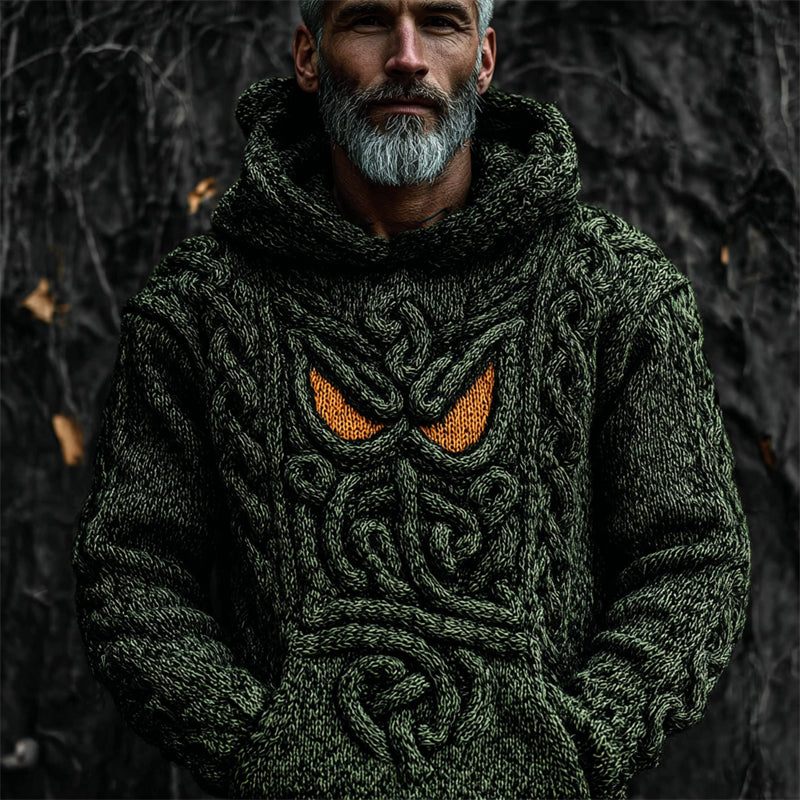 Men's Halloween Monster Face Celtic Cozy Knit Hooded Sweater artswardrobe