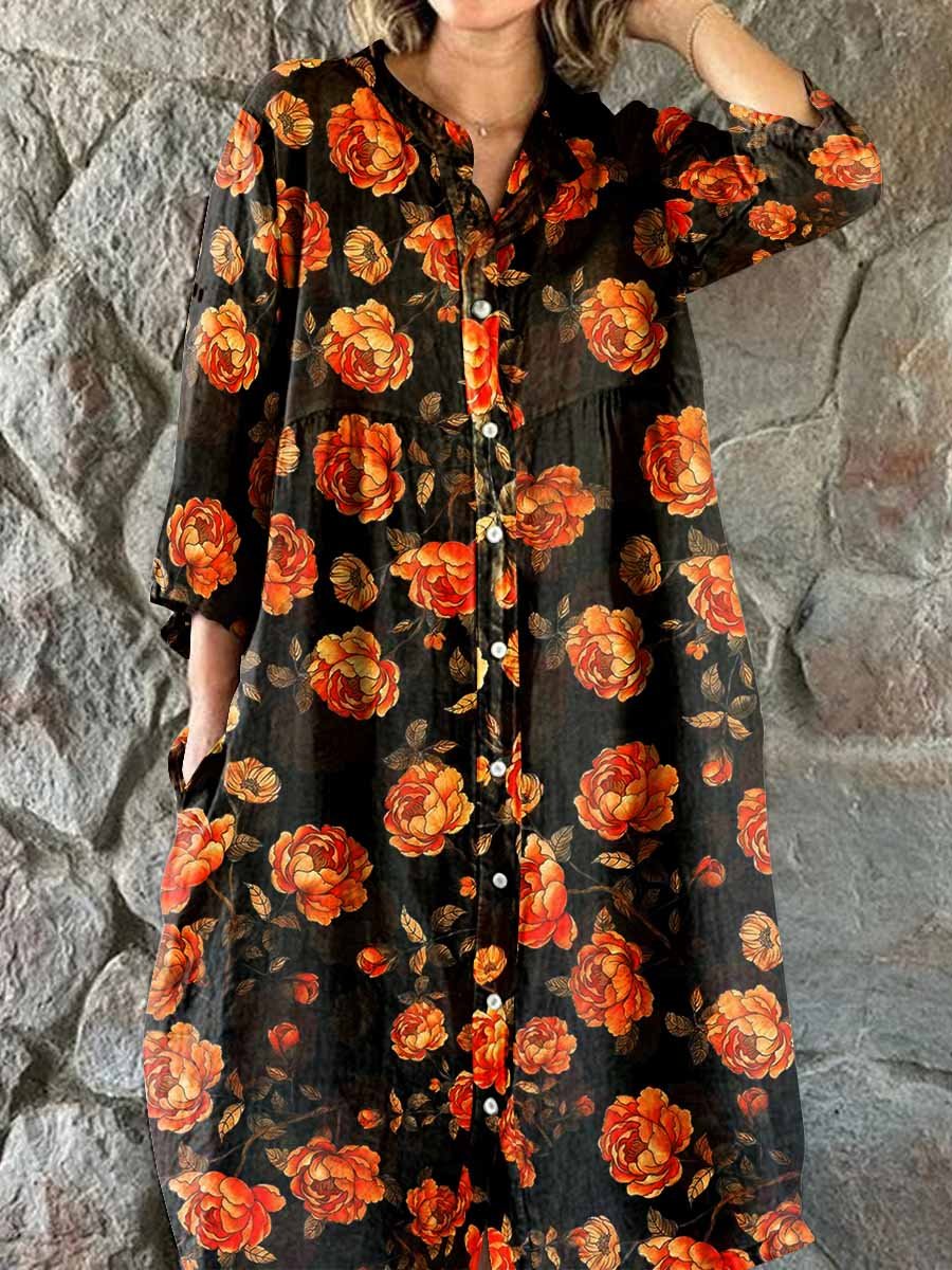 Women's Elegant Retro Floral Print Shirt Style Cotton Linen Dress