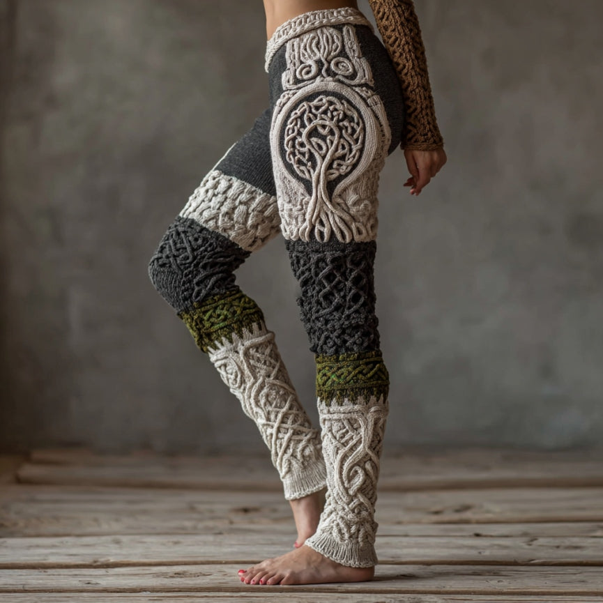 Vintage Viking Tree Of Life Celtic Knot Knit Jacquard Cozy Leggings artswardrobe