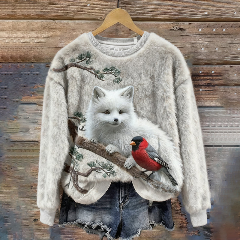 Comstylish Christmas Foxes And Birds Art Plush Pattern Sweater