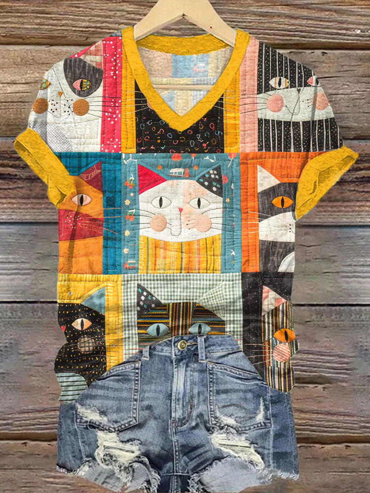 Comstylish Cute Cat Patchwork Design V-Neck T-Shirt