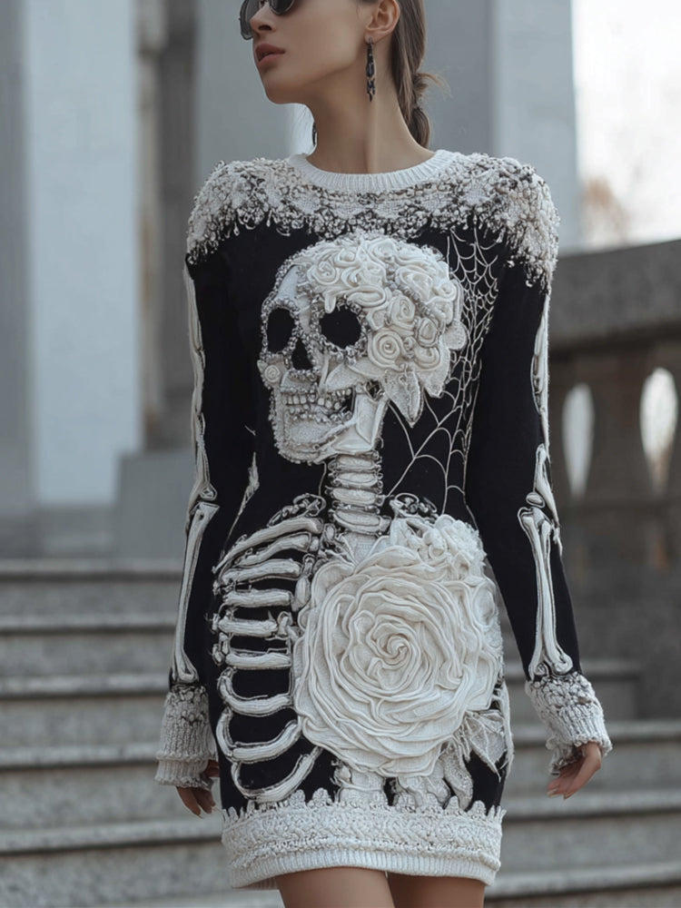 Comstylish Halloween Anatomy Art Gothic Black And White Knitted Dress