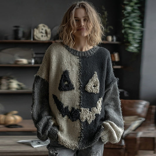 Halloween Spooky Face Colorblock Stitched Cozy Knit Sweater elevenforest