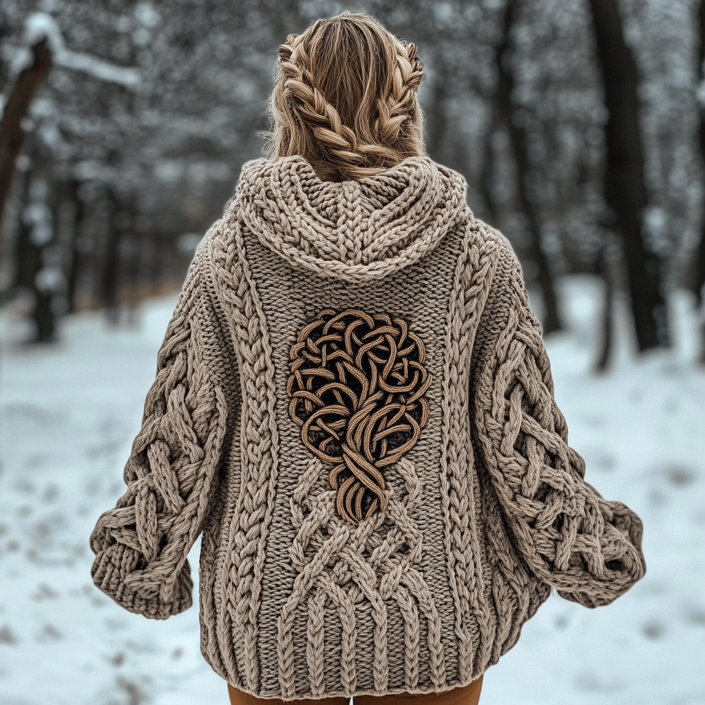 Women's Viking Tribal Tree Of Life Celtic Chunky Knit Hooded Sweater artswardrobe