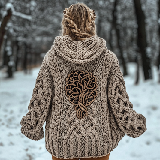Women's Viking Tribal Tree Of Life Celtic Chunky Knit Hooded Sweater artswardrobe