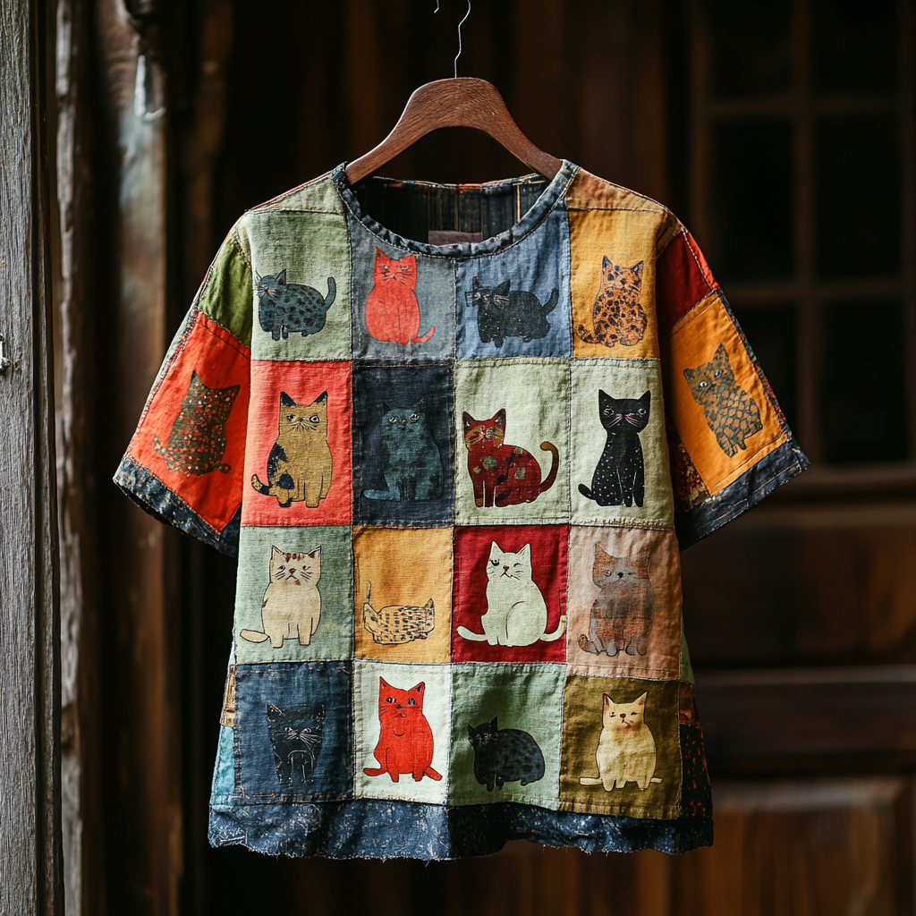 Comstylish Women's Pop Art Cat Contrast Patchwork T-shirt