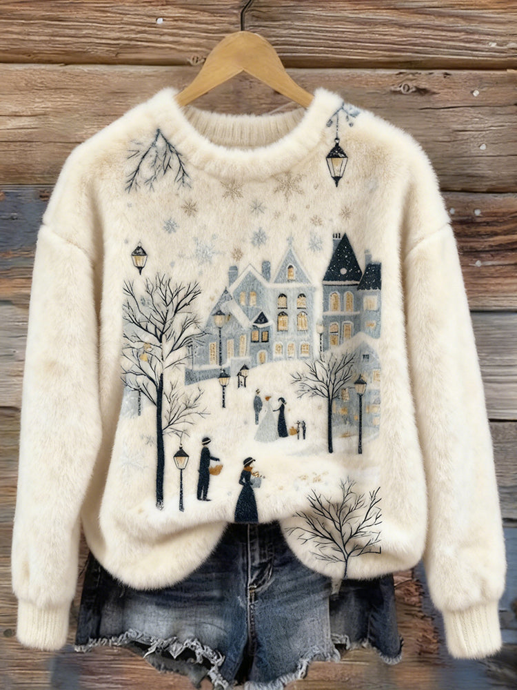 Christmas Season Snowy Village Scenery Cozy Plush Sweater