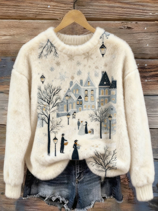 Christmas Season Snowy Village Scenery Cozy Plush Sweater