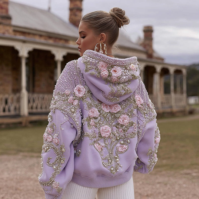 Comstylish Women's Vintage Rose Pearl Embroidered Comfort Hoodie