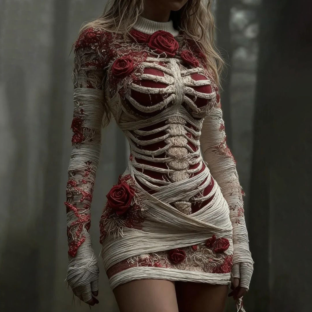 Women's Vintage Red Rose Skeleton Art Knit Mini Sweater Dress artswardrobe