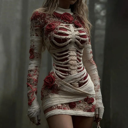 Women's Vintage Red Rose Skeleton Art Knit Mini Sweater Dress artswardrobe