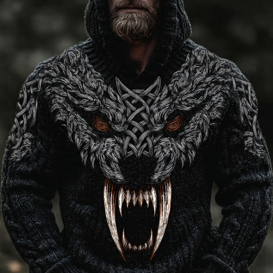 Men's Vintage Viking Wolf Embroidered Hooded Sweater artswardrobe
