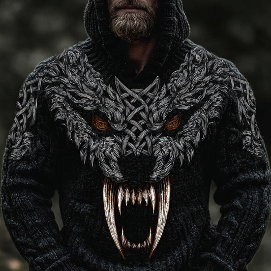 Men's Vintage Viking Wolf Embroidered Hooded Sweater artswardrobe